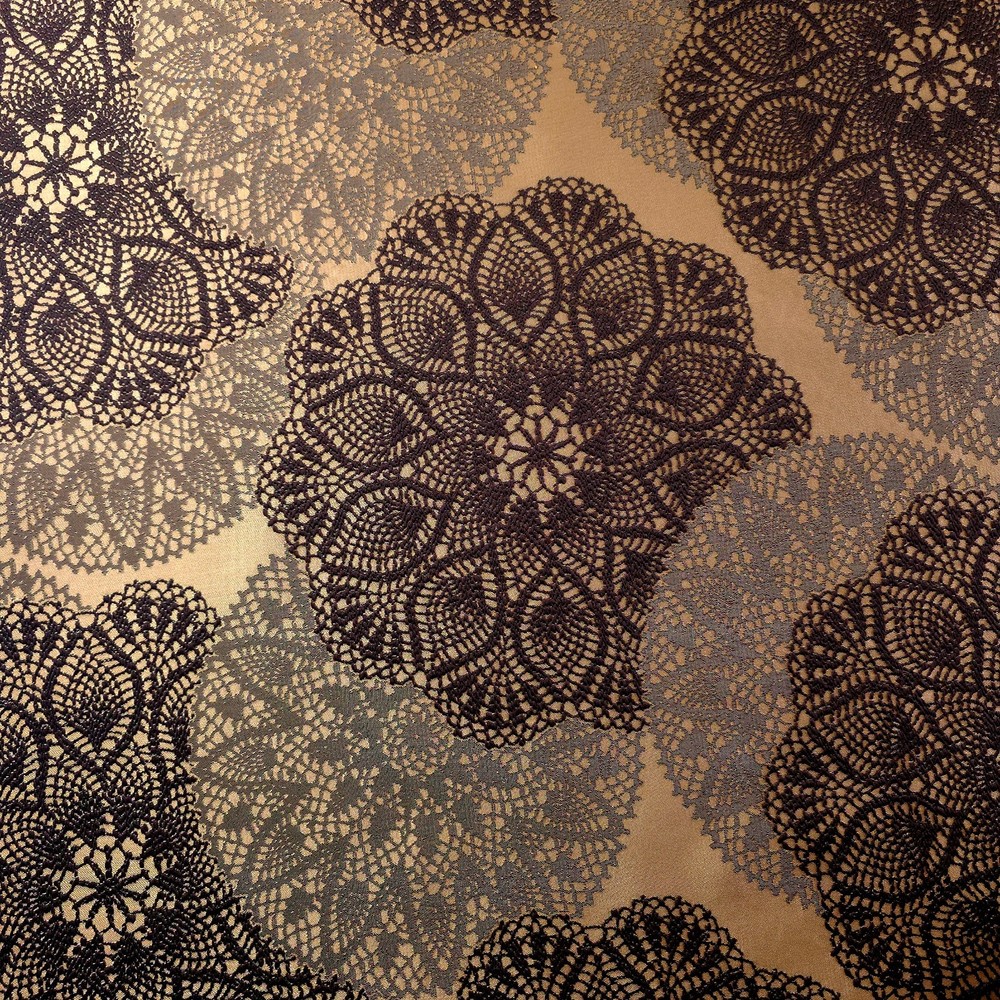 Faux Crochet Drapery Fabric Gold Brown Doily Lace Medallion 60″ Wide By The Yard
