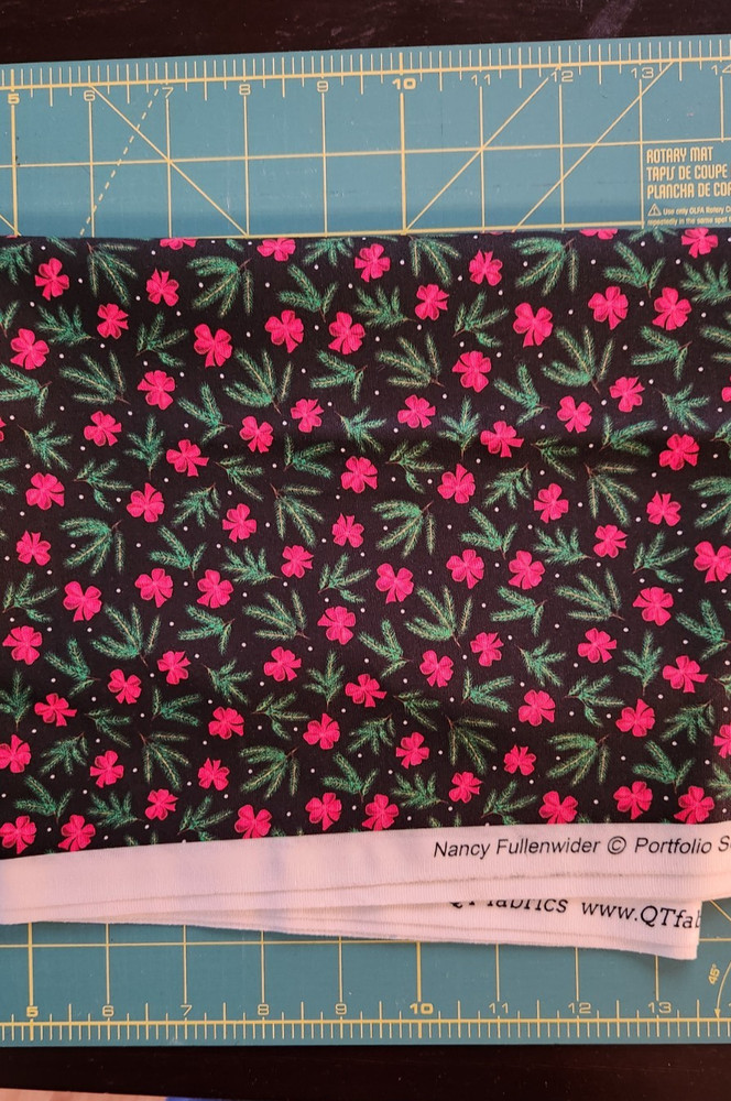 1 yd Christmas fabric small red bows, pine sprigs on a black, from my stash