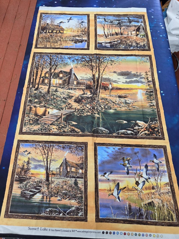Sunset Lake Jim Hansel duck cabin birds flying Wilmington fabric PANEL