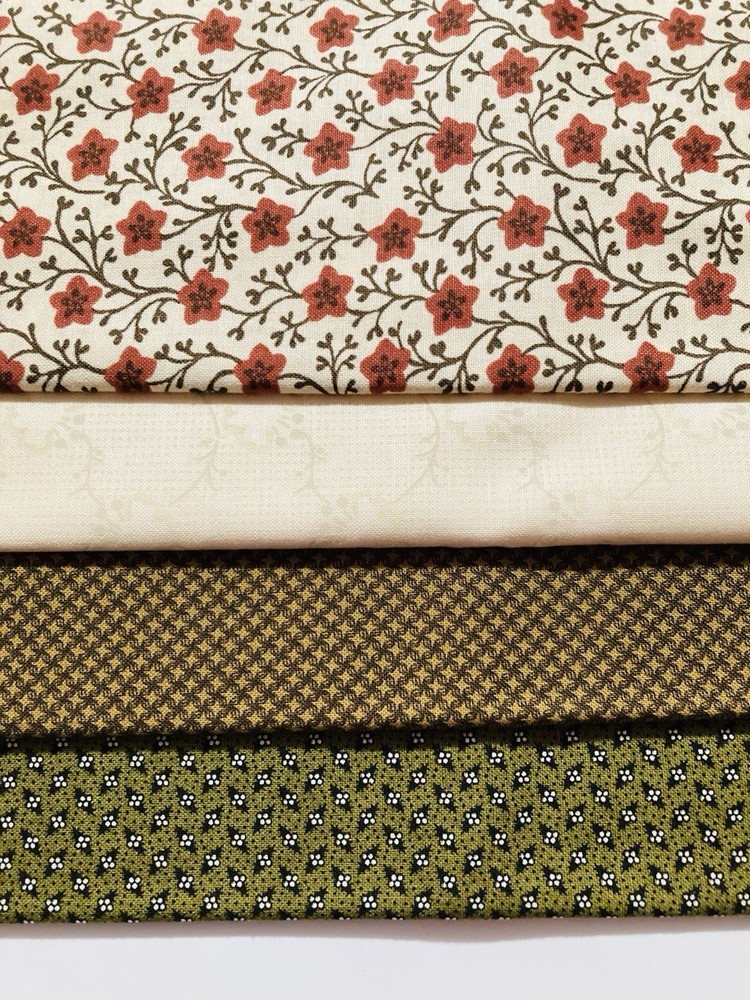 Lot of 4 Fat Quarters Cotton Fabric Olive Brown Cream Rust Geometric Lot #4A