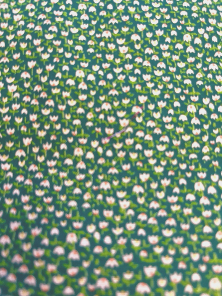 VTG Tiny Ditzy CALICO Grass GREEN w/ White & Pink Tulip Florals Cottagecore BTFQ