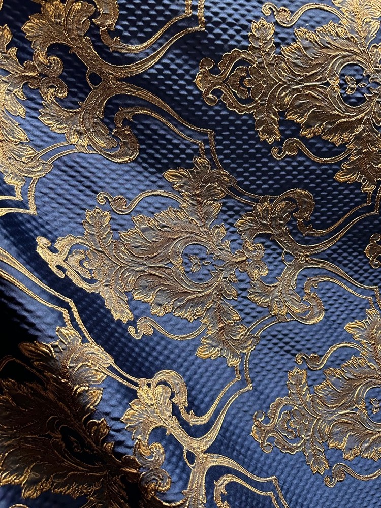 NAVY GOLD Damask Brocade Upholstery Drapery Fabric (56 in.) Sold By The Yard