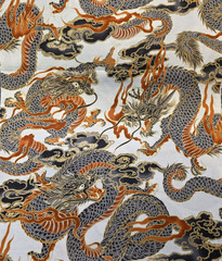 Gray & Rust Dragons & Clouds on White Japanese Cotton Dobby w/ Gold Metallic