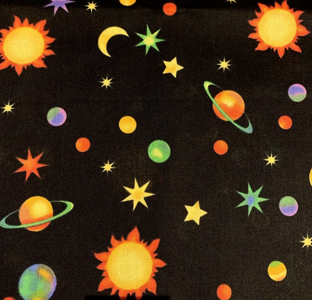 “Cosmos” Solar System Galaxy Fabric By R.E.D & Fabricland Vtg Black Yellow BTY