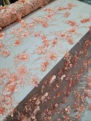 “Dusty Rose 3D Floral Beaded Lace Fabric – Sold by the Yard, Ideal for Prom and