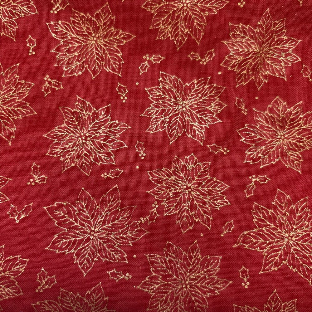 Red Gold Metallic Christmas Poinsettia Cotton Fabric 44 X 29