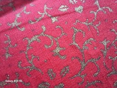 Vintage Red & Gold Handmade Tablecloth 68″ x 44″ Floral Scroll Design 1970’s