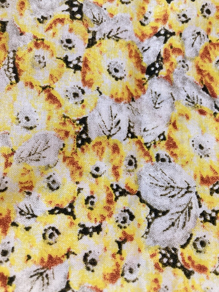White Black Yellow Flowers & Leaves Cotton Fabric 3 Yards x 44″ Width