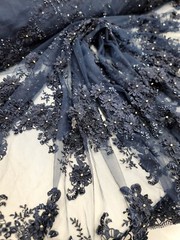 Navy Blue 3D Floral Embroidered With Rhinestones Mesh 3d Lace Fabric By The Yard