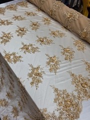 Gold 3d Lace Embroidered 3d Floral Beaded Fabric Sold By The Yard Scalloped