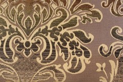 Damask medallion scroll upholstery material in taupe/brown/gold multi on taupe