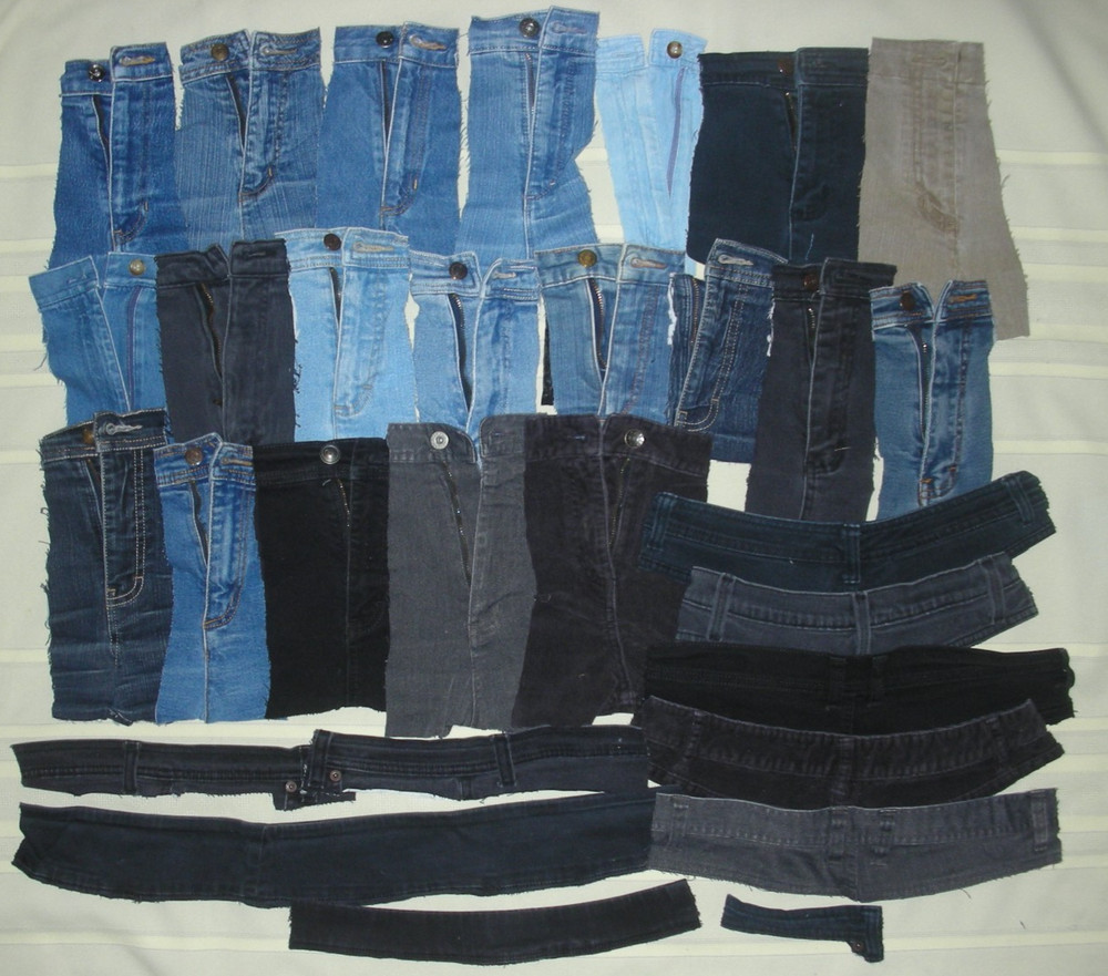 31 PIECES DENIM BLUE JEAN ZIPPERS & WAIST BANDS W/LOOPS SCRAPS CRAFTS SEWING DIY