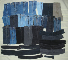 31 PIECES DENIM BLUE JEAN ZIPPERS & WAIST BANDS W/LOOPS SCRAPS CRAFTS SEWING DIY