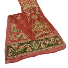 Sanskriti Saskriti Vintage Combo Of Design Fabric Hand Beaded Craft Dark Red Dre