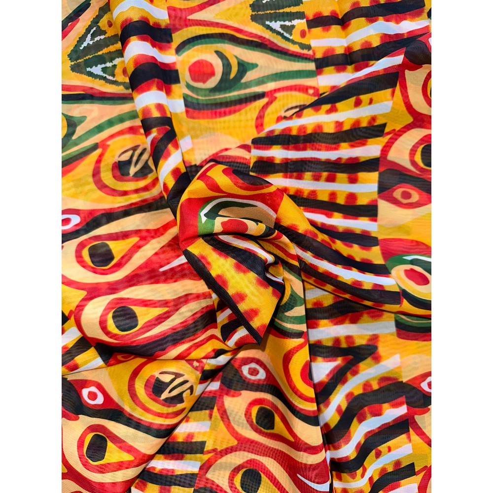 African Print Chiffon Fabric – Yellow, Red, Black, Green “Khemet Pepper”, ~2 Yds