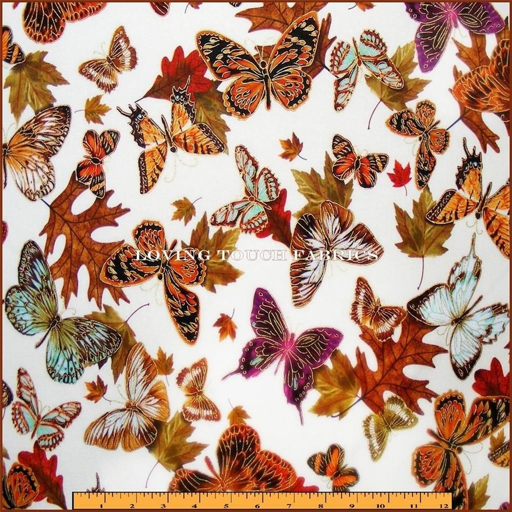 BENARTEX KANVAS STUDIO AUTUMN BUTTERFLIES LEAVES GOLD ETCH FABRIC 1/2 YD 18X44″