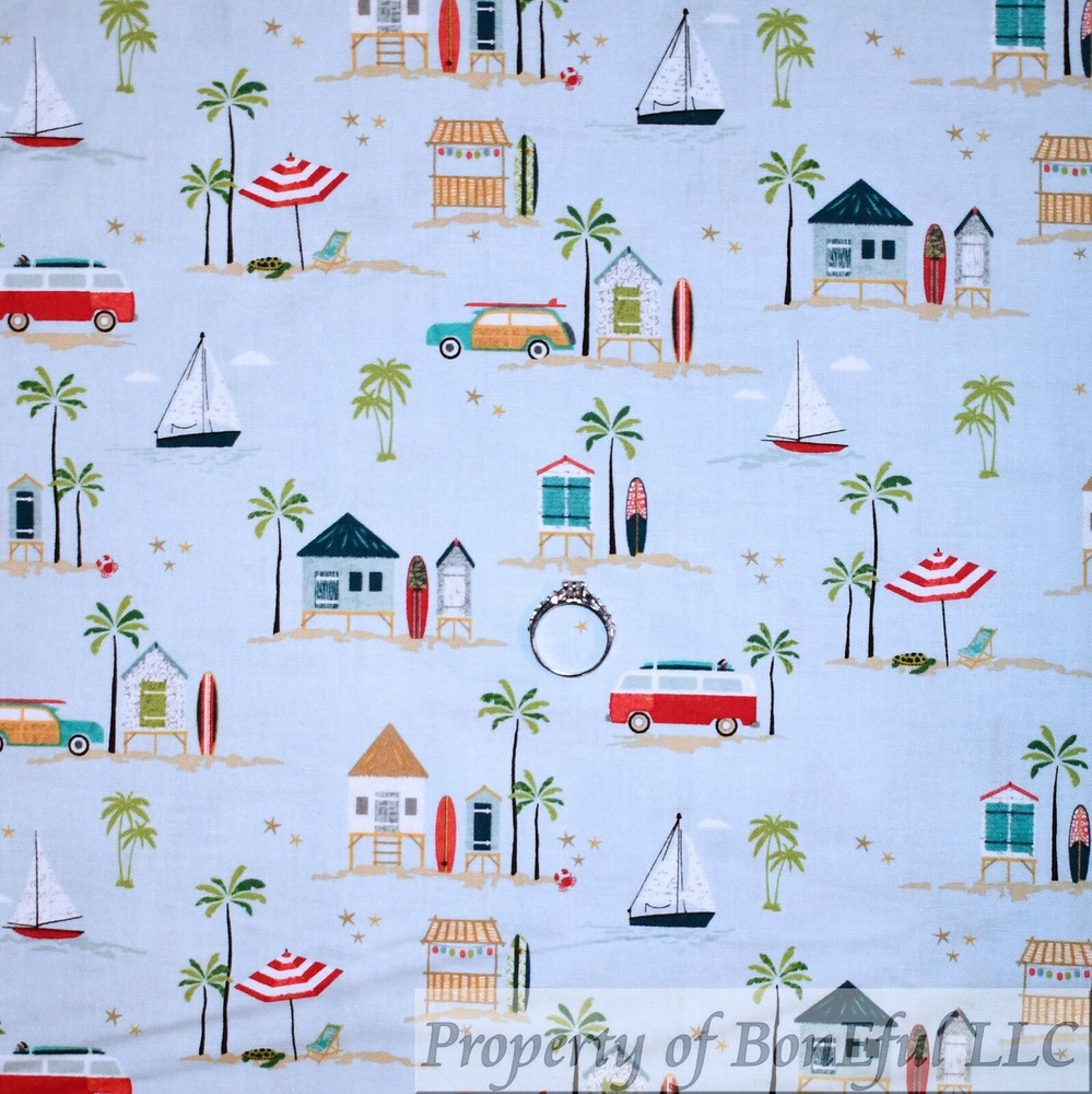 BonEful Fabric FQ Cotton Quilt Blue Summer Cloud Scenic Palm Tree Ocean Cottage
