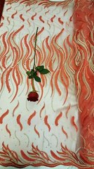 Red Gold Embroidered Lace Feathers Rinesthone Red Mesh Prom Fabric Sold by Yard