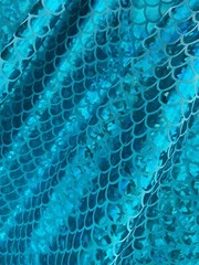 MERMAID Scale Fabric Fish Tail Material Stretch Spandex 59″ wide Aqua on Blue