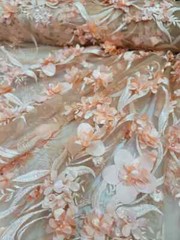 “Dusty Rose 3D Floral Beaded Lace Fabric – Sold by the Yard, Ideal for Prom and