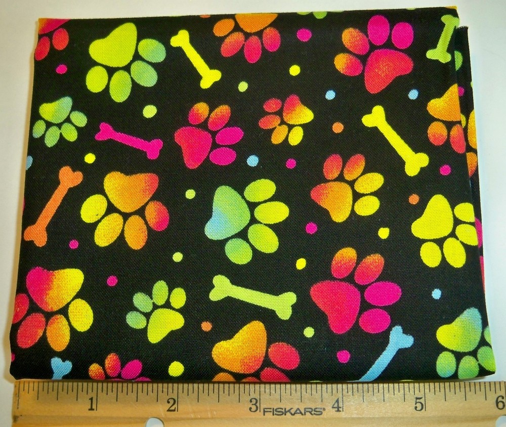 Joann Fabrics Bright Pawprints and Bones on Black Cotton Fat Quarter