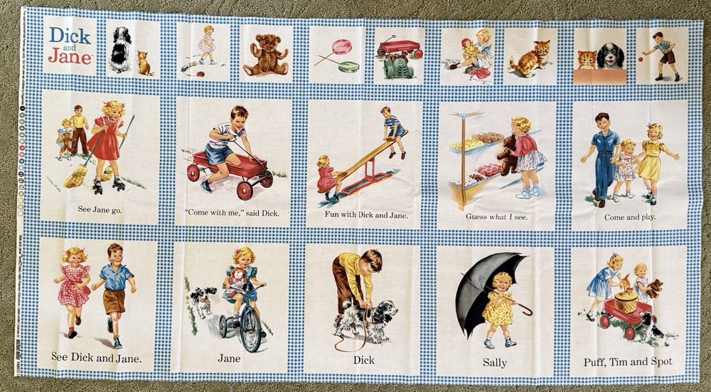 Dick and Jane Michael Miller Fabric Panel, 23” X 44”, OOP