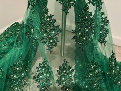 Green Heavy Beaded Sequin Rhinestones Embroidery Lace Fabric 50” Width 1 Yard