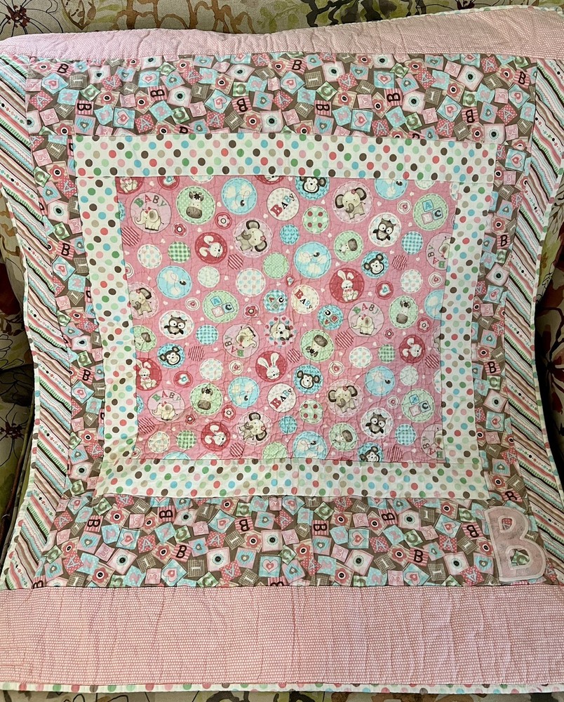 Hand Made Baby Toddler Quilt Blanket in Pinks and Bright Pastels 38” x 32”