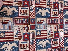 Vtg Americana USA Upholstery Fabric 54 ” X 48″ USA 1776 Flag House Boat Star