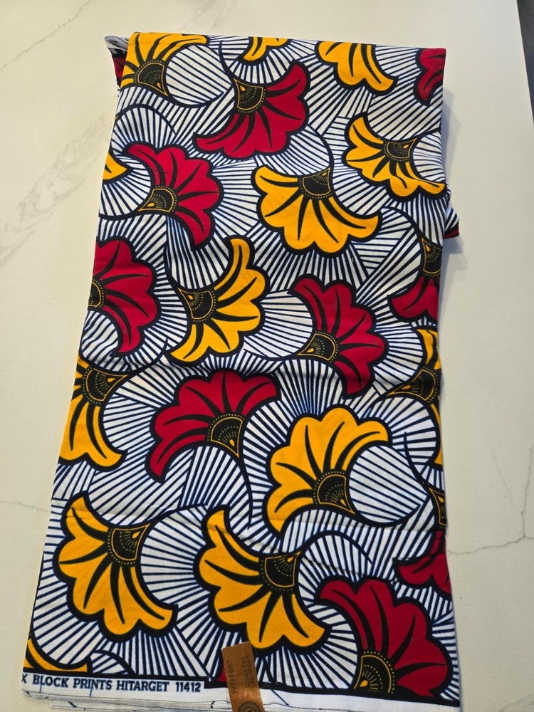African Ankara Fabric Red Yellow Floral Fan Print Premium Wax Material Per Yard
