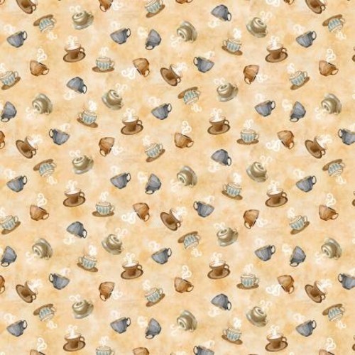 Coffee Cups Beige Tossed Small 100% Cotton FABRIC priced by the Yard