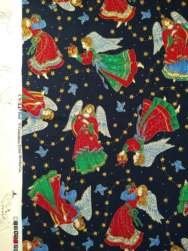 Angels Stars Doves Gold Highlights Cranston Cotton Fabric BTFQ 18×22 Navy Blue