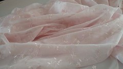 Discount embroidered pink Voile 110″ wide by yard. Semi sheer. Free swatches.