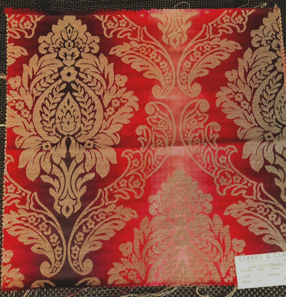 CLARKE & CLARKE Ornato Jewel + 1 Plain in Cardinal 17″ Damask Fabric Samples