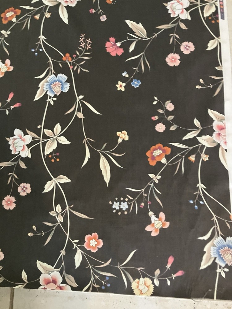 Jay Yang Pink Green Blue Floral Black Chintz Cotton Fabric 4 Yards