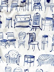 Vtg Spectrum Decorator Fabric 8 Yds Novelty Furniture Sketch Print Blue White