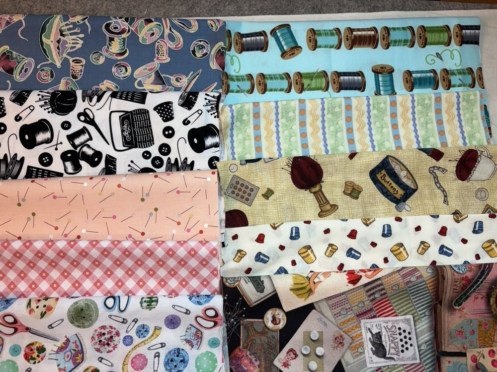 Sewing Theme cotton fabric scraps buttons thread 9″ x 21″ lot of 10 fat eighths