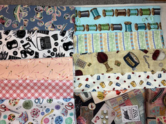 Sewing Theme cotton fabric scraps buttons thread 9″ x 21″ lot of 10 fat eighths
