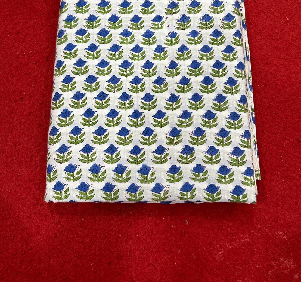 5 Yard Hand Block Floral Print Fabric Natural Handmade Cotton Indian Sanganeri