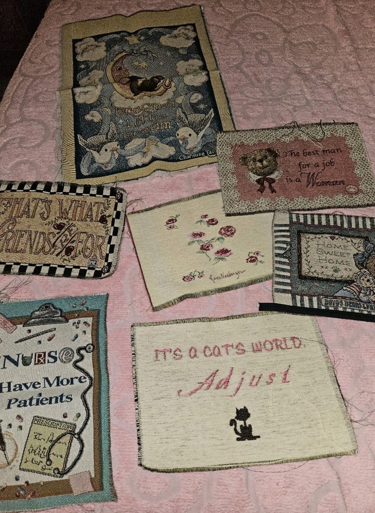 Lot Of 7 VTG Tapestry Fabric Panels Mixed Themes & Sizes Bears, Flowers Etc