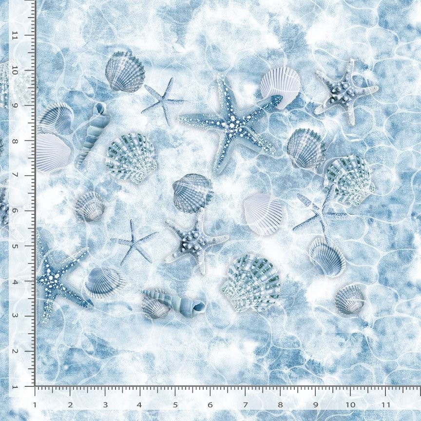 Let Your Light Shine Fabric | Toss Starfish Shell Blue | Timeless Treasures YARD