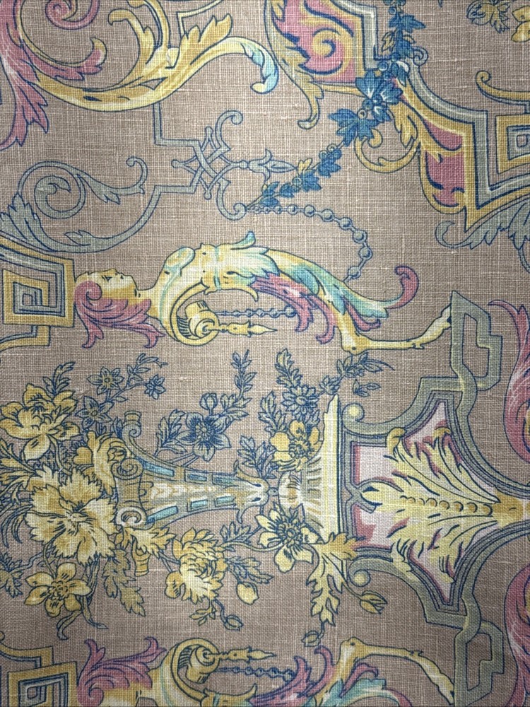 Beige / Light Brown Floral Printed Linen Fabric (36x 56 In) Sold By The Yard