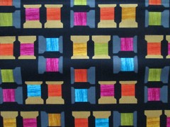 THREAD SPOOLS OF THREAD BRIGHT COLORS BLACK COTTON FABRIC FQ