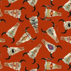 Fabric Buffalo Skull Terracotta Cotton ELIZABETH 1/4 yard SK123