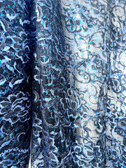 Blue Metallic with blue glitters Floral Lace Fabric By the Yard 60″ Wide