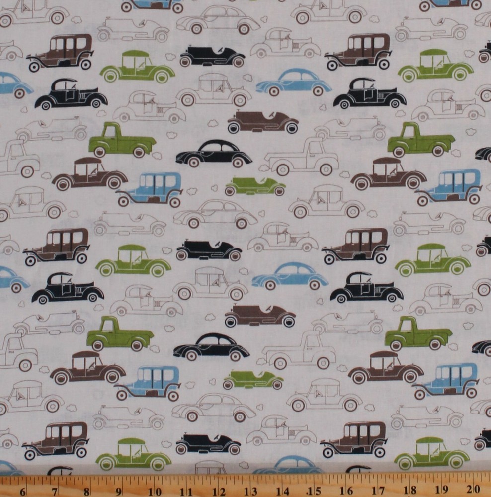 Linen/Rayon Blend Vintage Cars on Off-White Lightweight Fabric by Yard D254.26