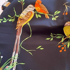 1+ Yard Black Fabric With Tropical Birds Leaves Satin Silky Gold Yellows Reds