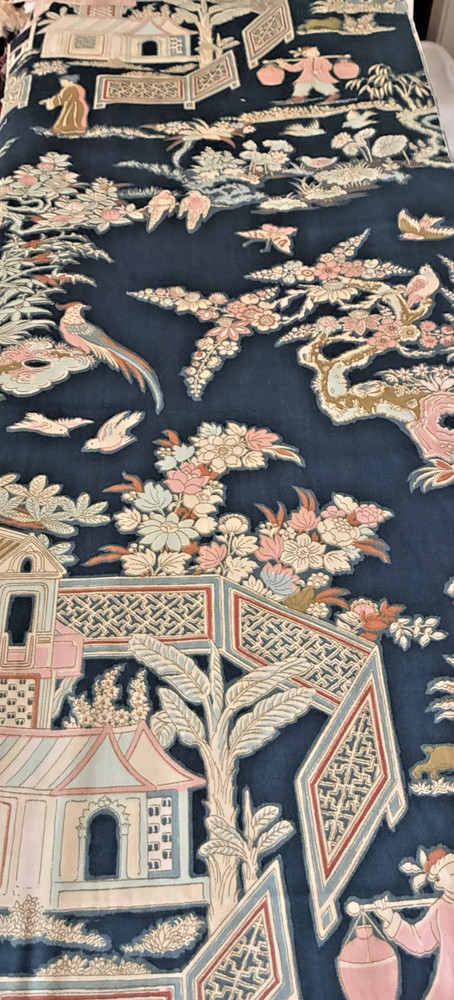 Schumacher Chinois Fabric Remnants Floral Chinoiserie Print Blue Pillows