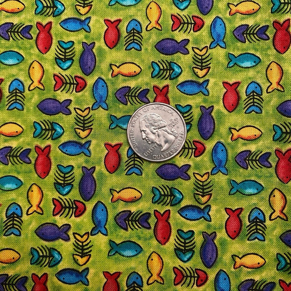 Small Colorful Fish Neon Green Whimsical Goldfish Cotton Quilting Fabric 1 Yard