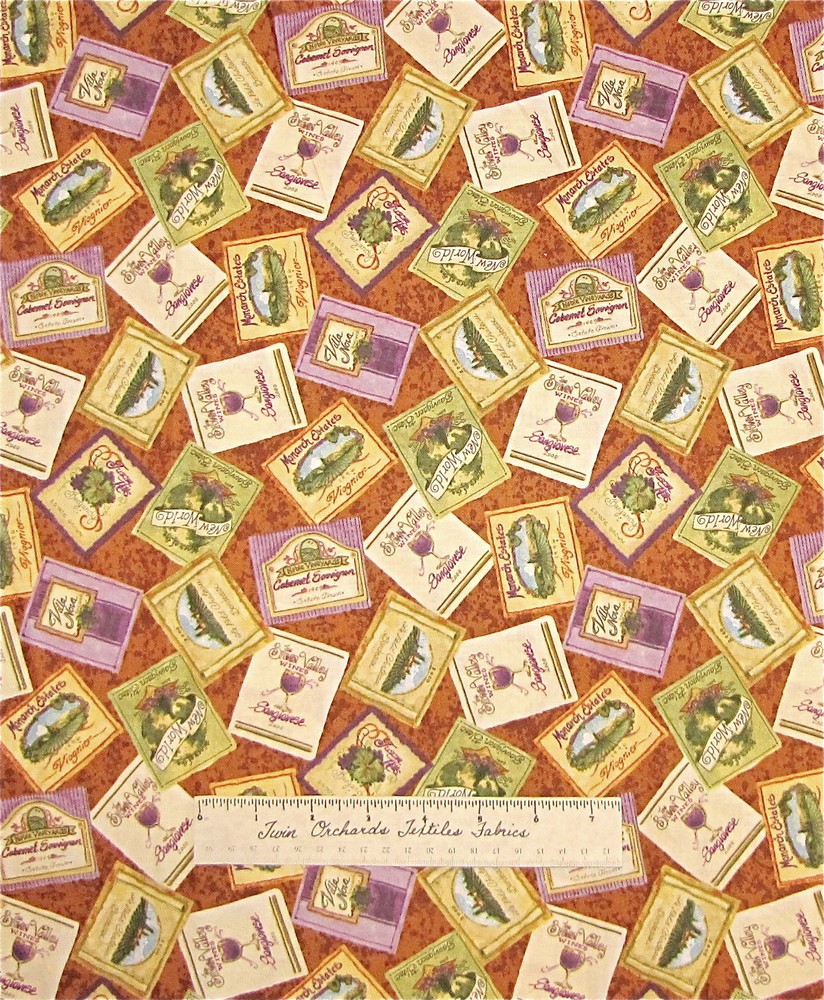 Fabric Country Vineyard Wine Labels Green Purple South Sea Imports Cotton YARD